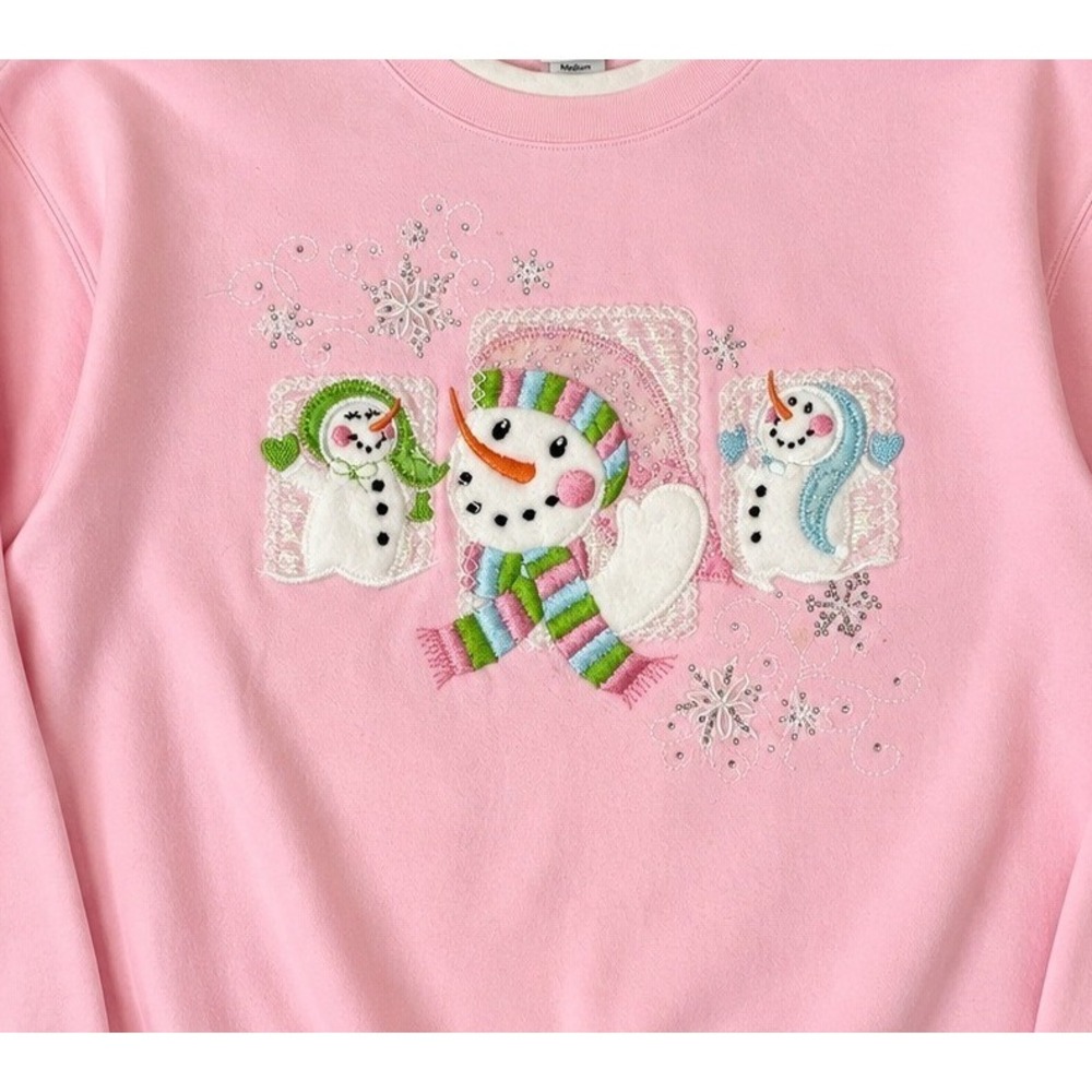 Pink Christmas Sweatshirt M Snowman Coquette Pastel Whimsical Cottagecore Y2K